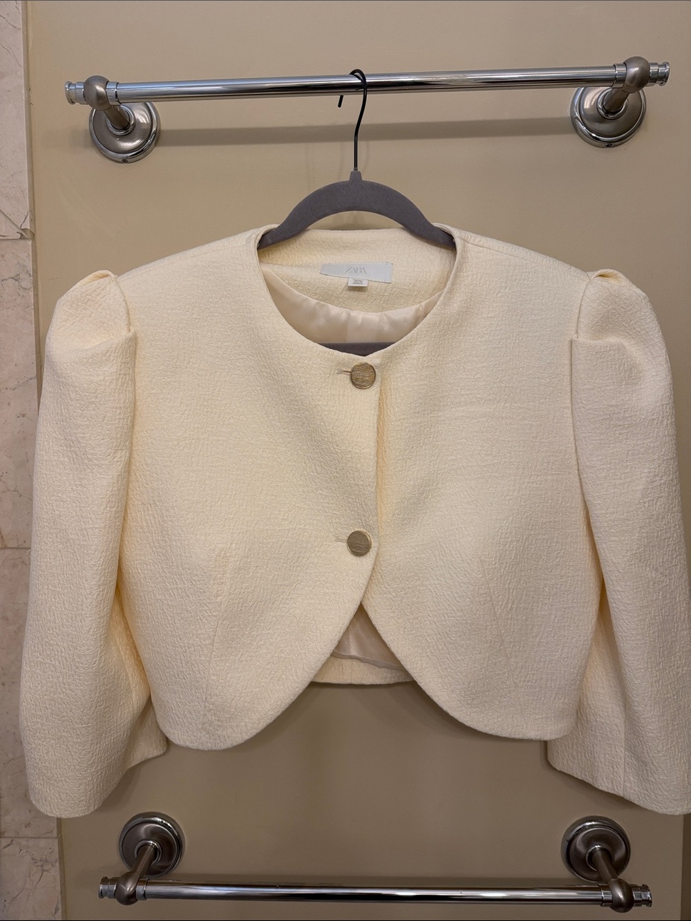 Zara Cream Cropped Bouclé Blazer with Puff Shoulders